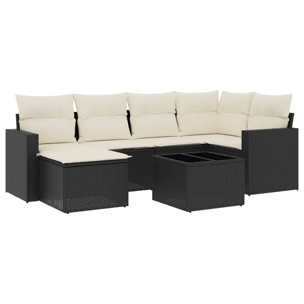 7 Piece Modular Black PE Rattan Garden Sofa Set with Cushions for Outdoor Patio Use
