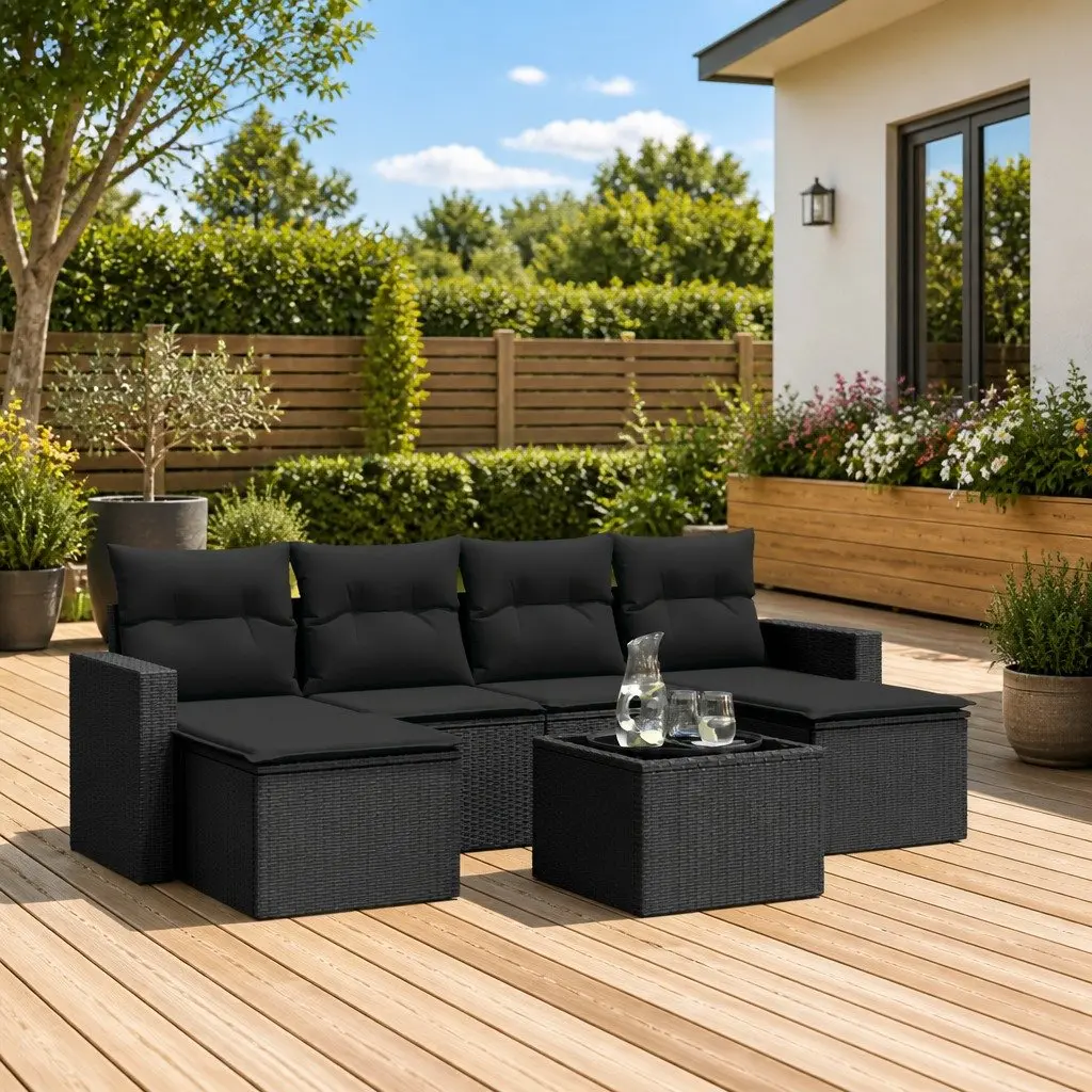 7 Piece Black Poly Rattan Garden Sofa Set