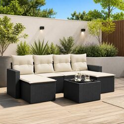7 Piece Garden Sofa Set: Black PE Rattan with Cushions
