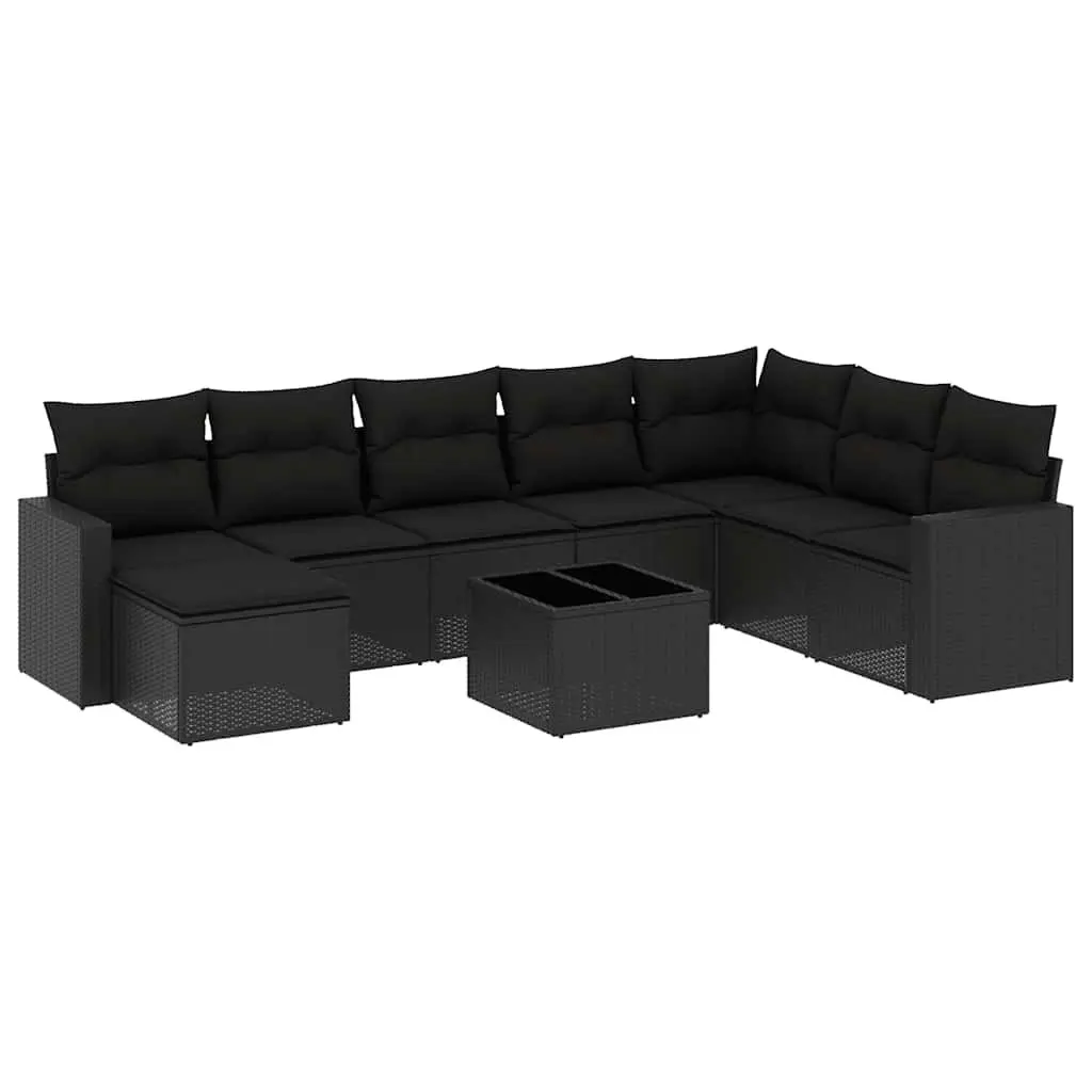 9 Piece Outdoor Garden Sofa Set Black Poly Rattan Patio Furniture with Cushions