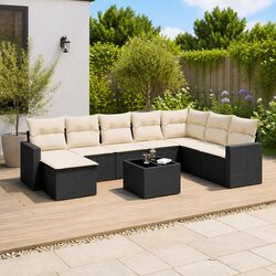 9 Piece Garden Sofa Set with Cushions and Glass Table