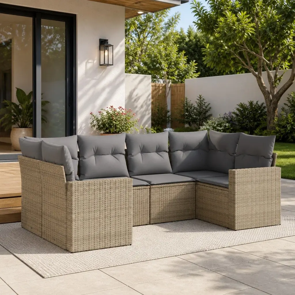 Garden Sofa Set Outdoor Furniture Patio 6 Piece Beige Poly Rattan with Cushions