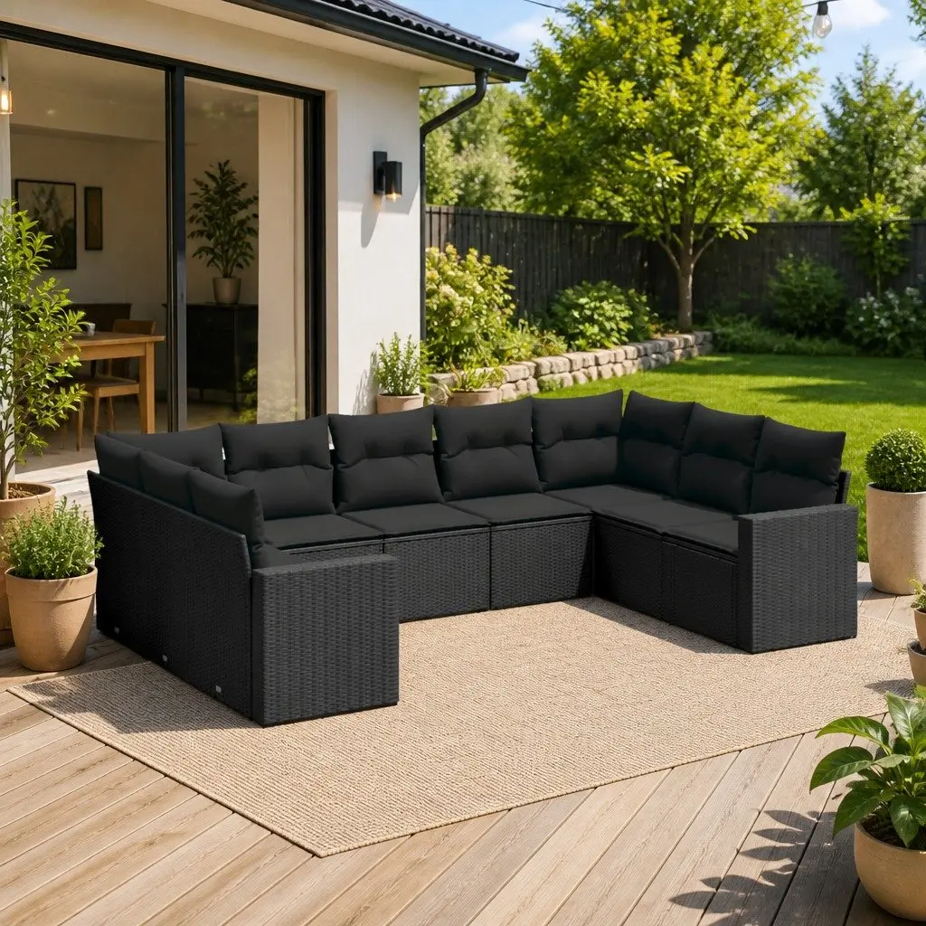 9 Piece Outdoor Garden Sofa Set with Cushions Black Poly Rattan Patio Furniture