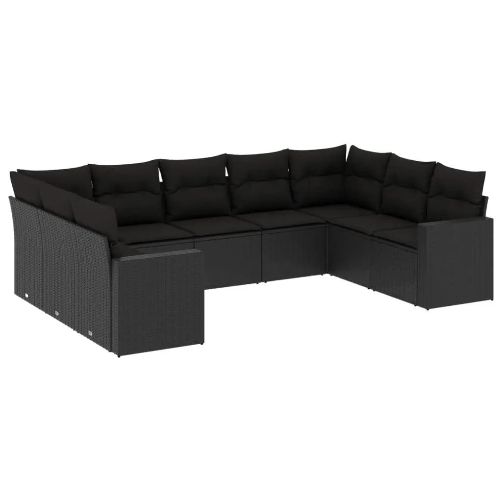 9 Piece Outdoor Garden Sofa Set with Cushions Black Poly Rattan Patio Furniture