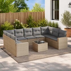 Garden Sofa Set 10 Piece Outdoor Furniture Patio Beige Poly Rattan with Cushions