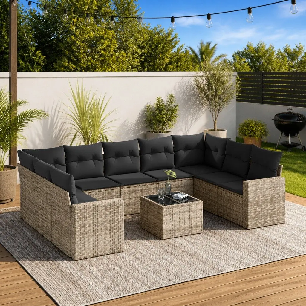 Garden Sofa Set Outdoor Furniture Patio 10 Piece Grey Poly Rattan with Cushions