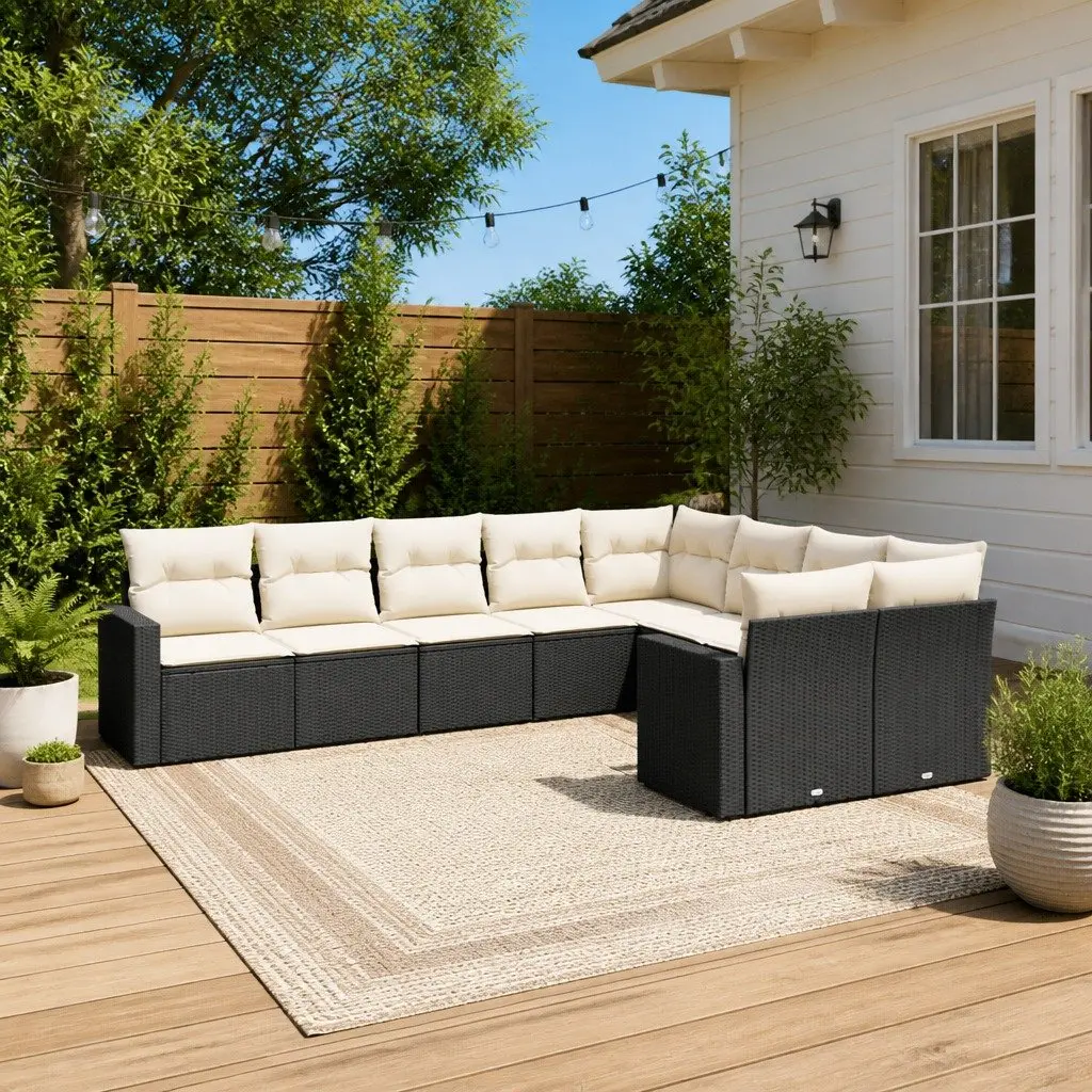 Garden Sofa Set Outdoor Use 9 Piece Black PE Rattan with Cushions