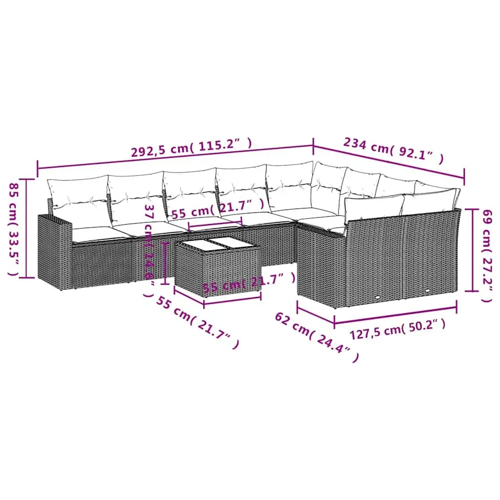Garden Sofa Set Outdoor Furniture Modular Black PE Rattan 10 Piece