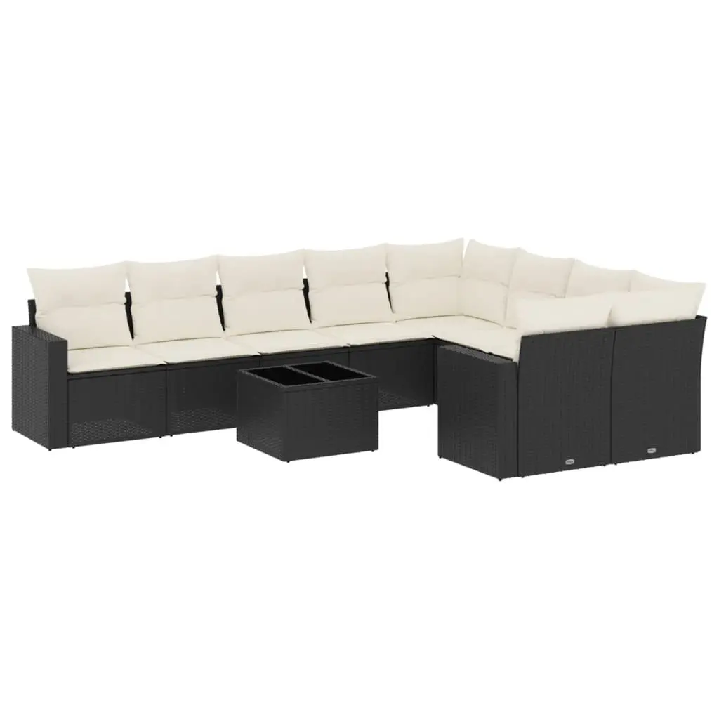 10 Piece Modular Outdoor Sofa Set for Patio with Cushions in Black Poly Rattan