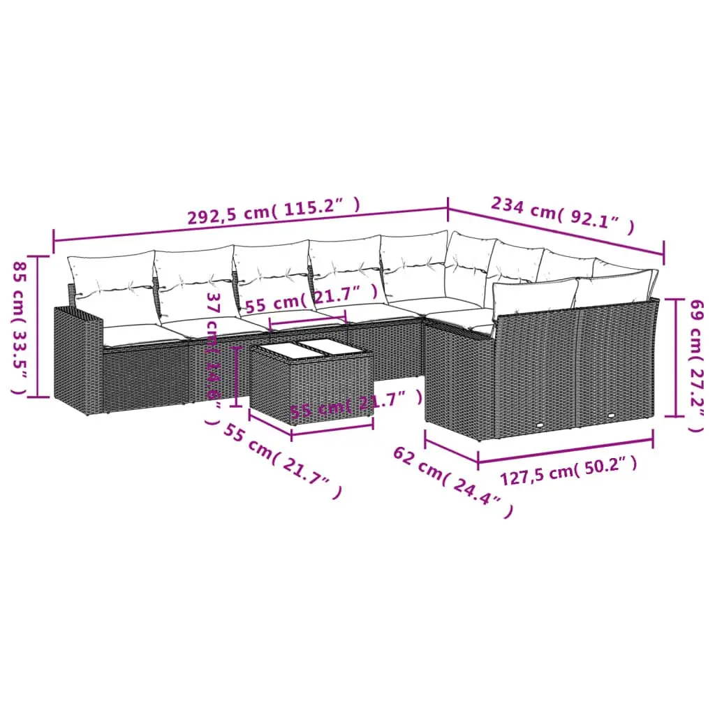 10 Piece Garden Sofa Set Outdoor Furniture Grey Poly Rattan with Cushions