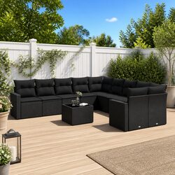 11 Piece Garden Sofa Set - Black with Cushions and Glass Top