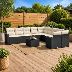 Outdoor Garden Sofa Set 11 Piece Black Poly Rattan Furniture Patio with Cushions