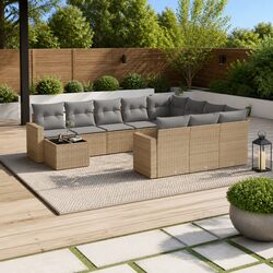 Garden Sofa Set 11 Piece Outdoor Furniture Patio Beige Poly Rattan with Cushions