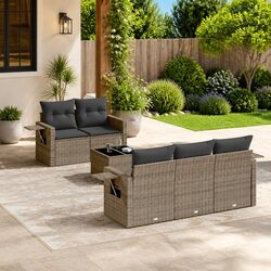 Garden Sofa Set: 6 Pieces, Grey Poly Rattan, Cushions