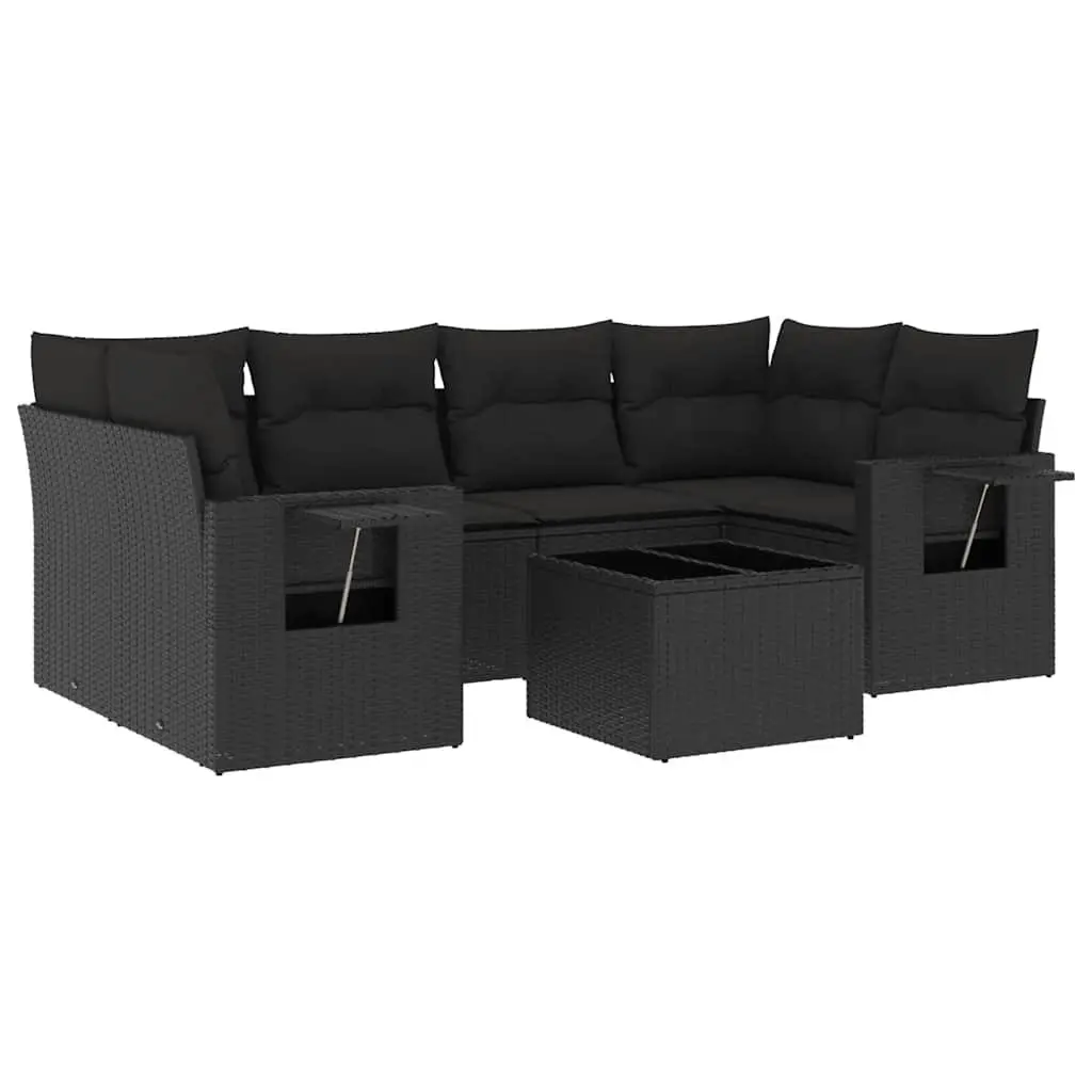 Outdoor Garden Sofa Set 7 Piece Black Poly Rattan Patio Furniture with Cushions