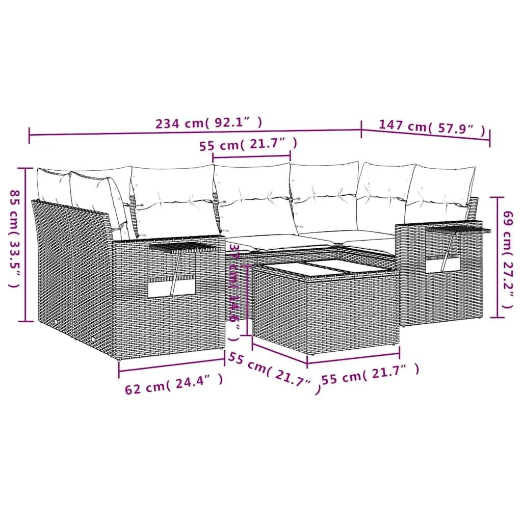 Outdoor Garden Sofa Set 7 Piece Black Poly Rattan Patio Furniture with Cushions