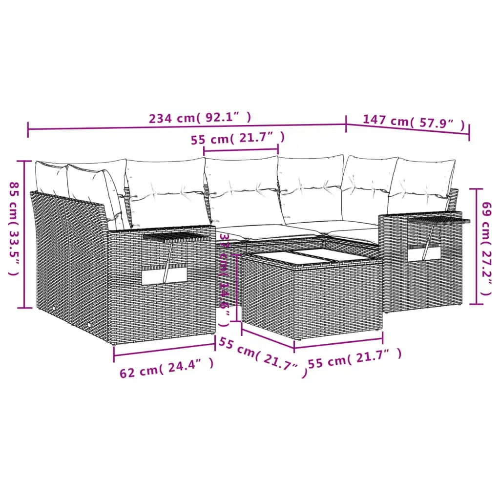 7 Piece Outdoor Garden Sofa Set for Patio Black Poly Rattan with Cushions