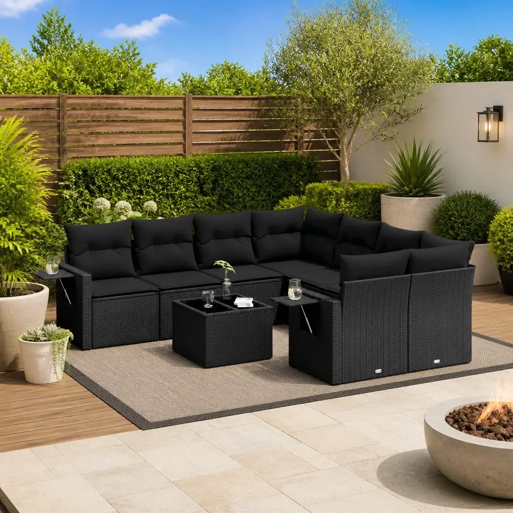 Garden Sofa Set 9 Piece Outdoor Furniture Black Poly Rattan Modular Lounge Patio