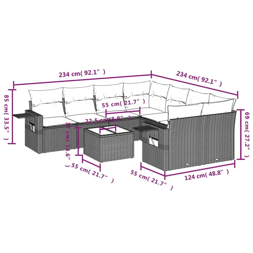 Garden Sofa Set 9 Piece Outdoor Furniture Black Poly Rattan Modular Lounge Patio