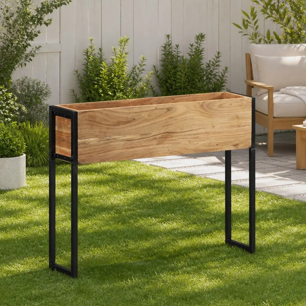 Wooden Planter Box for Garden 90x20x68cm Raised Bed for Flowers Vegetables Herbs