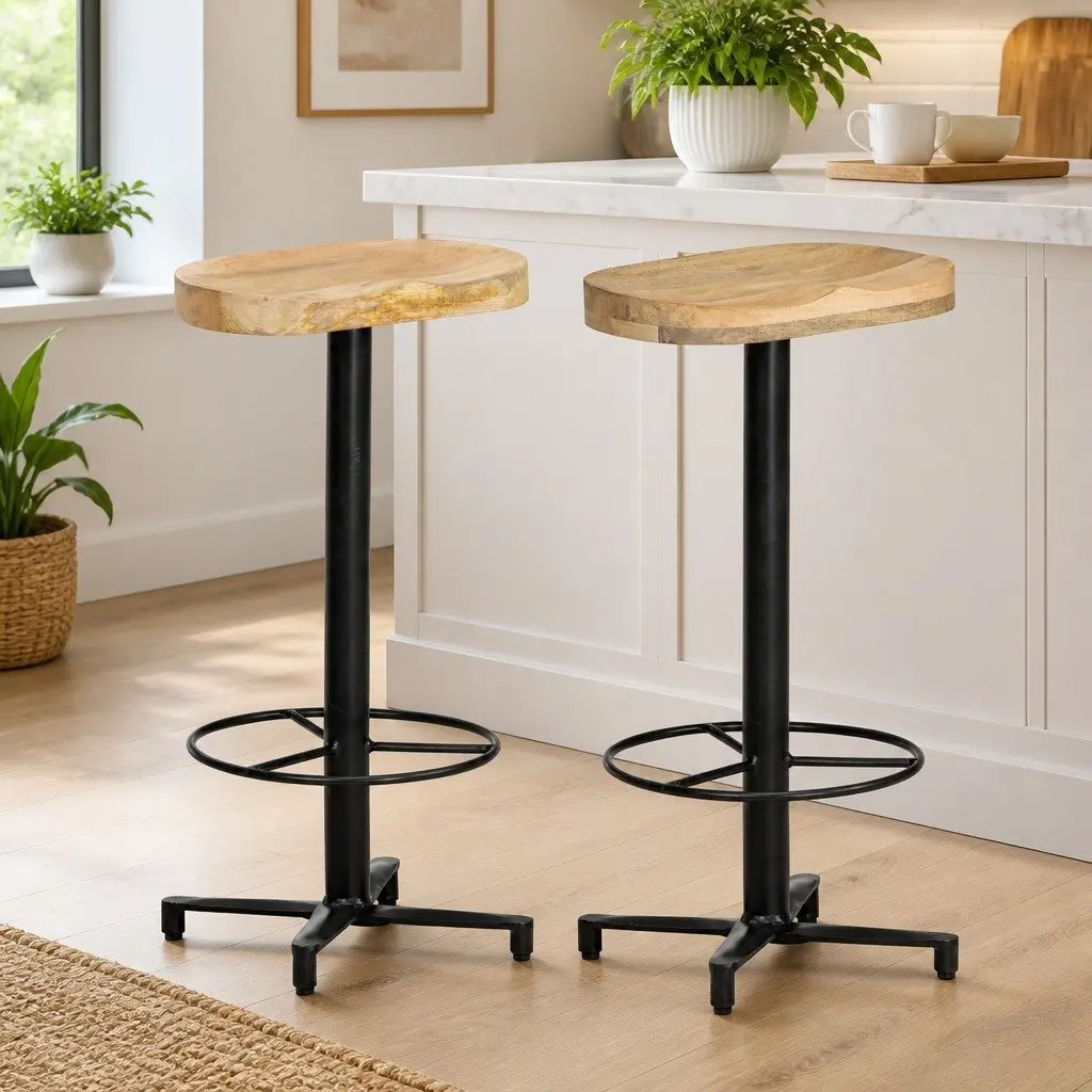 Bar Stools 2 pcs 76 cm Brown Solid Wood Mango Powder-Coated Iron Base Footrest
