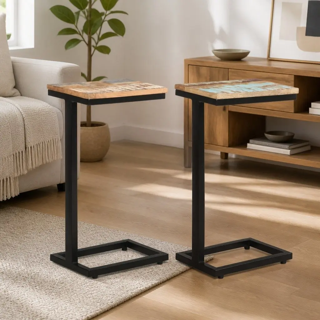 Reclaimed Wood End Tables 2 Piece Brown Side Tables with Powder Coated Iron Legs for Living Room