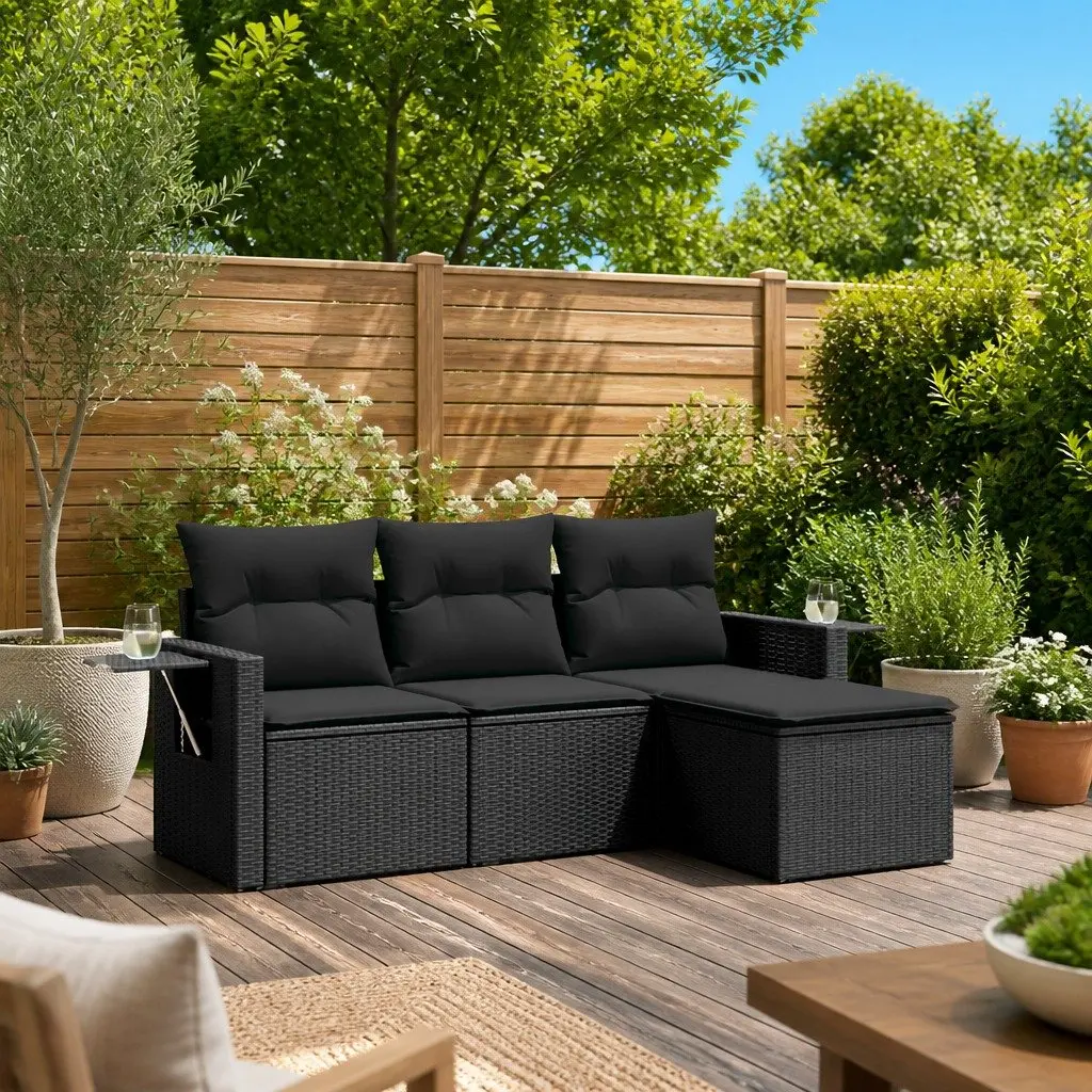 Garden Sofa Set Outdoor Furniture 4 Piece Black Poly Rattan Modular Patio