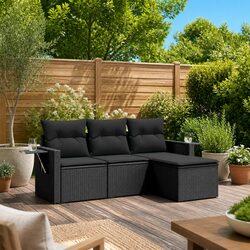 Garden Sofa Set 4 Piece Outdoor Furniture Black Poly Rattan Modular Patio