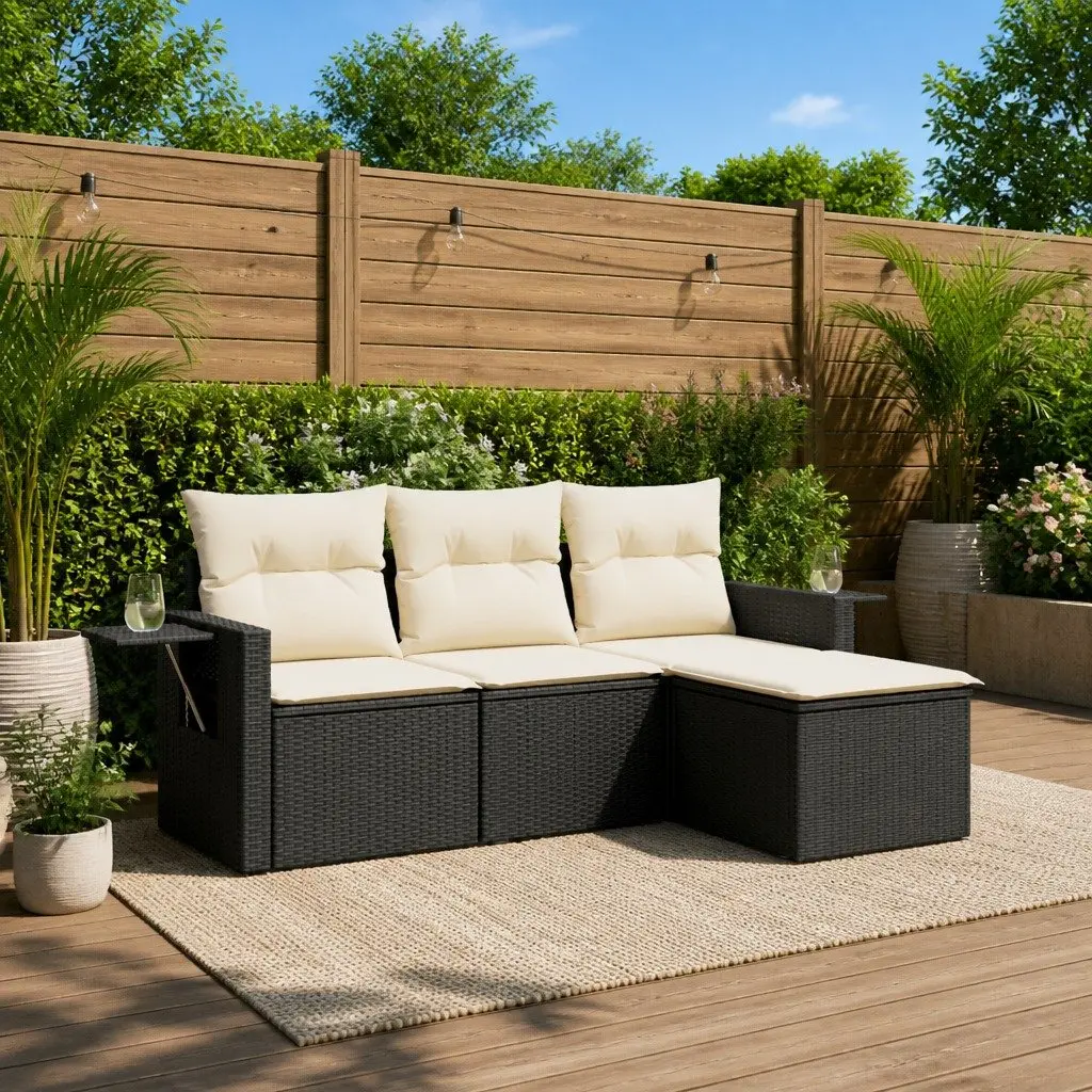 Black 4 Piece Garden Sofa Set with Cushions and Tables