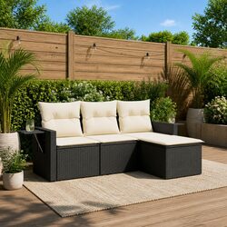 Black 4 Piece Garden Sofa Set with Cushions and Tables