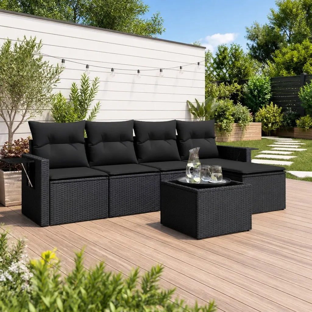 6 Piece Garden Sofa Set Black Poly Rattan with Tempered Glass Top