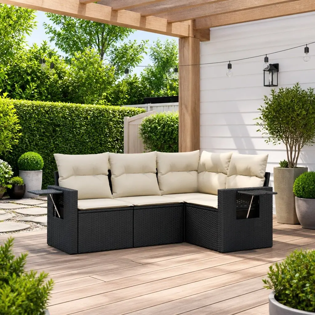 Garden Sofa Set Outdoor Furniture 4 Piece Black Poly Rattan Patio Lounge