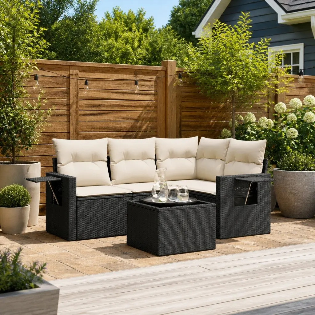 5 Piece Outdoor Garden Sofa Set with Black Rattan and Cushions