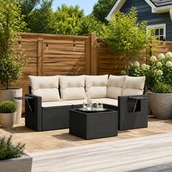 5 Piece Outdoor Garden Sofa Set with Black Rattan and Cushions