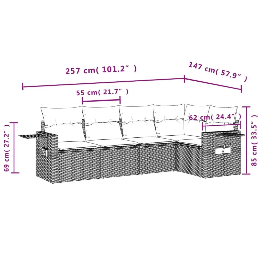 Outdoor Garden Sofa Set 5 Piece Black Poly Rattan Patio Furniture with Cushions