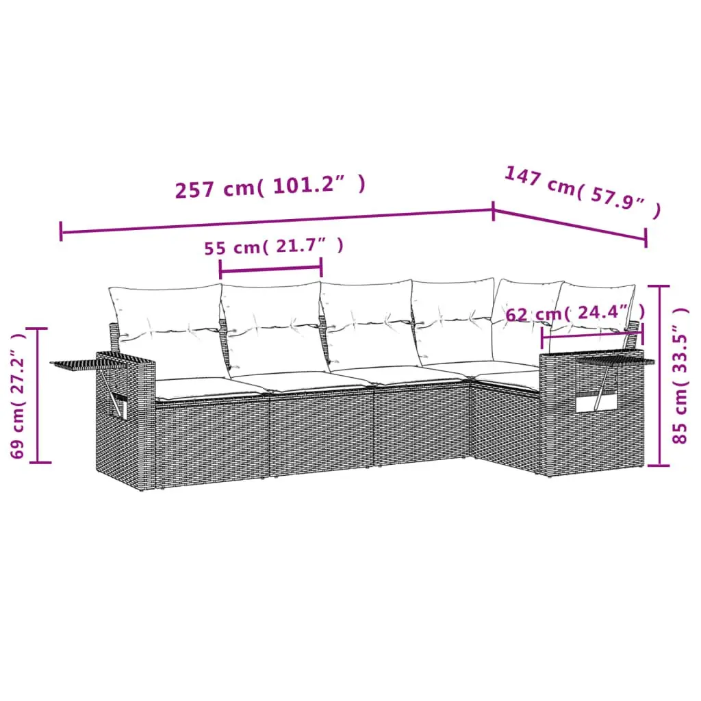 5 Piece Modular Outdoor Sofa Set with Grey Cushions