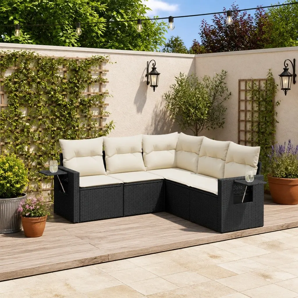 5 Piece Garden Sofa Set Outdoor Use Black Poly Rattan Patio Lounge