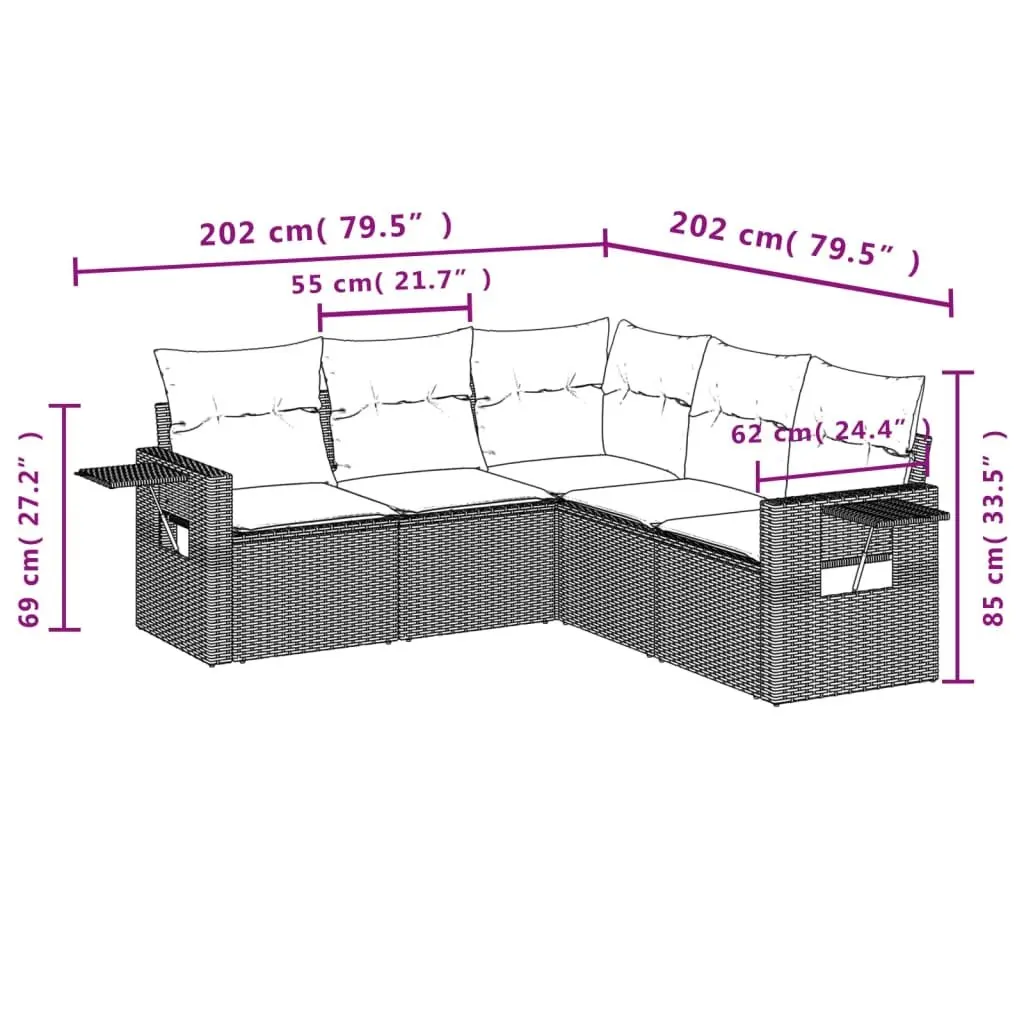5 Piece Garden Sofa Set Outdoor Use Black Poly Rattan Patio Lounge