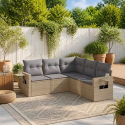 5 Piece Garden Sofa Set: Beige Poly Rattan & Cushions