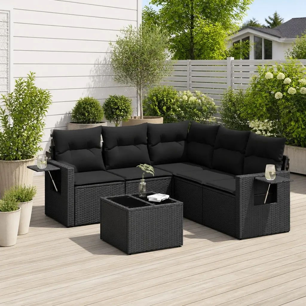 Garden Sofa Set Outdoor Furniture 6 Piece Black Poly Rattan with Cushions and Table