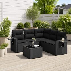 Garden Sofa Set 6 Piece Black Poly Rattan Outdoor Furniture with Cushions Table