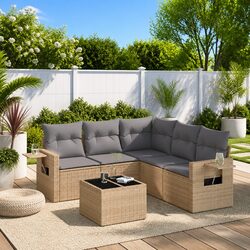 6-Piece Outdoor Sofa Set: Beige, PE Rattan, Glass Top
