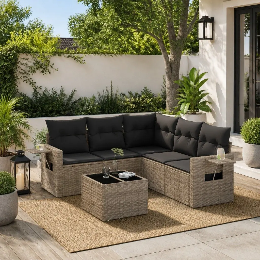 Garden Sofa Set Outdoor Furniture Grey 6 Piece Poly Rattan with Cushions