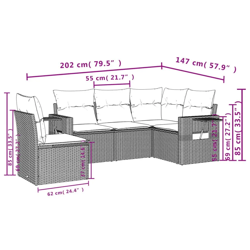 5 Piece Garden Sofa Set Grey Poly Rattan Outdoor Furniture Patio with Cushions