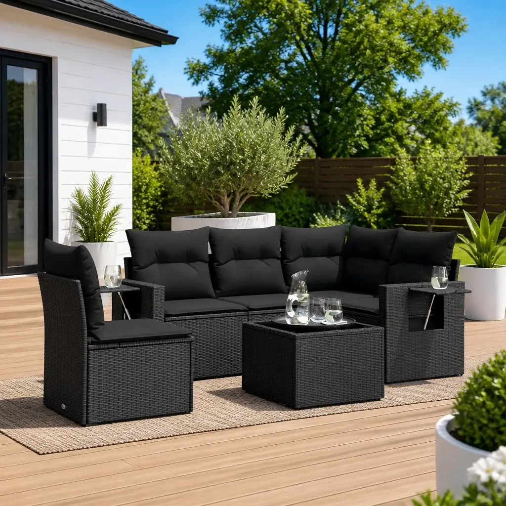 Modular Garden Sofa Set 6 Piece Outdoor Furniture Black Rattan with Cushions for Patio