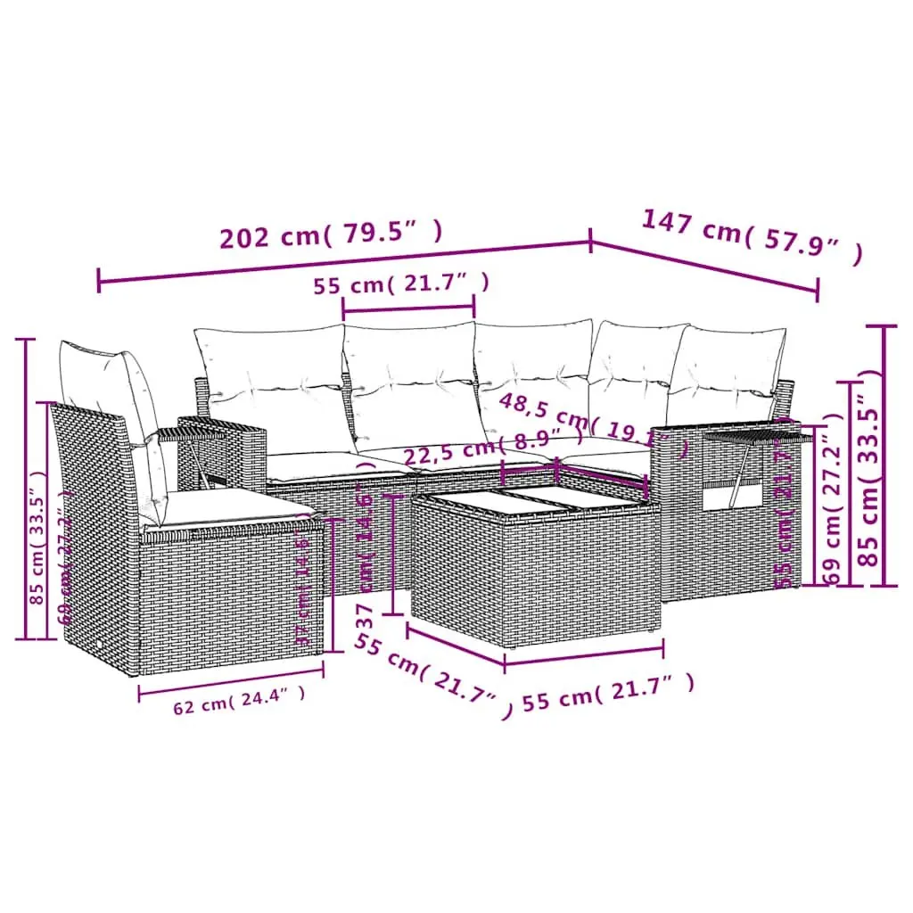 Modular Garden Sofa Set 6 Piece Outdoor Furniture Black Rattan with Cushions for Patio
