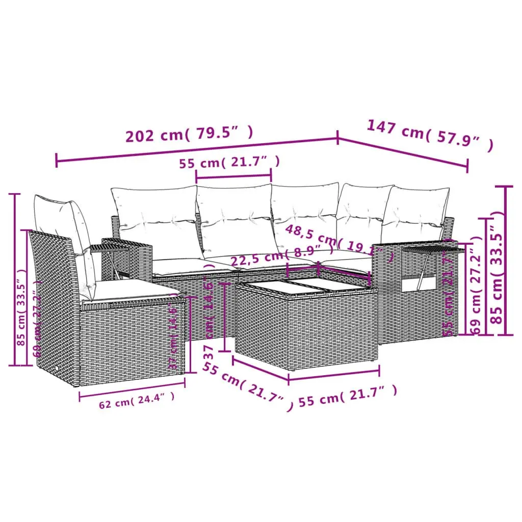 Garden Sofa Set 6 Piece Outdoor Furniture Black Poly Rattan Modular Patio Lounge