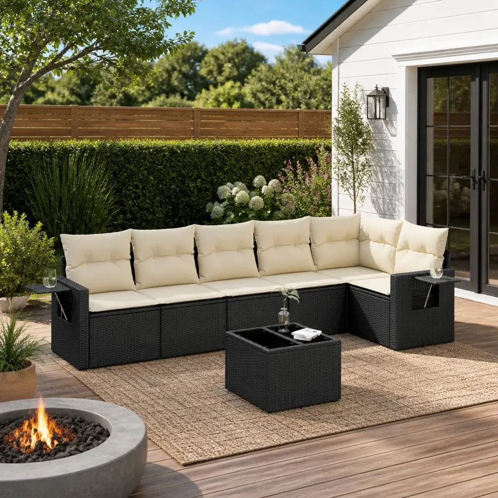 7 Piece Garden Sofa Set Outdoor Use Black Poly Rattan with Cushions