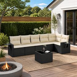 7 Piece Garden Sofa Set: Black Poly Rattan & Cushions