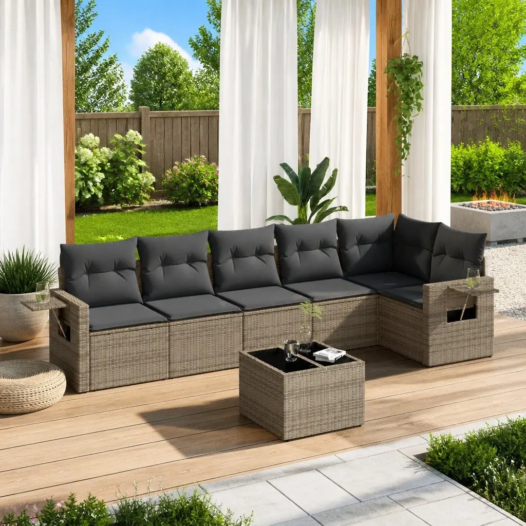 7 Piece Outdoor Garden Sofa Set for Patio Grey Poly Rattan with Cushions